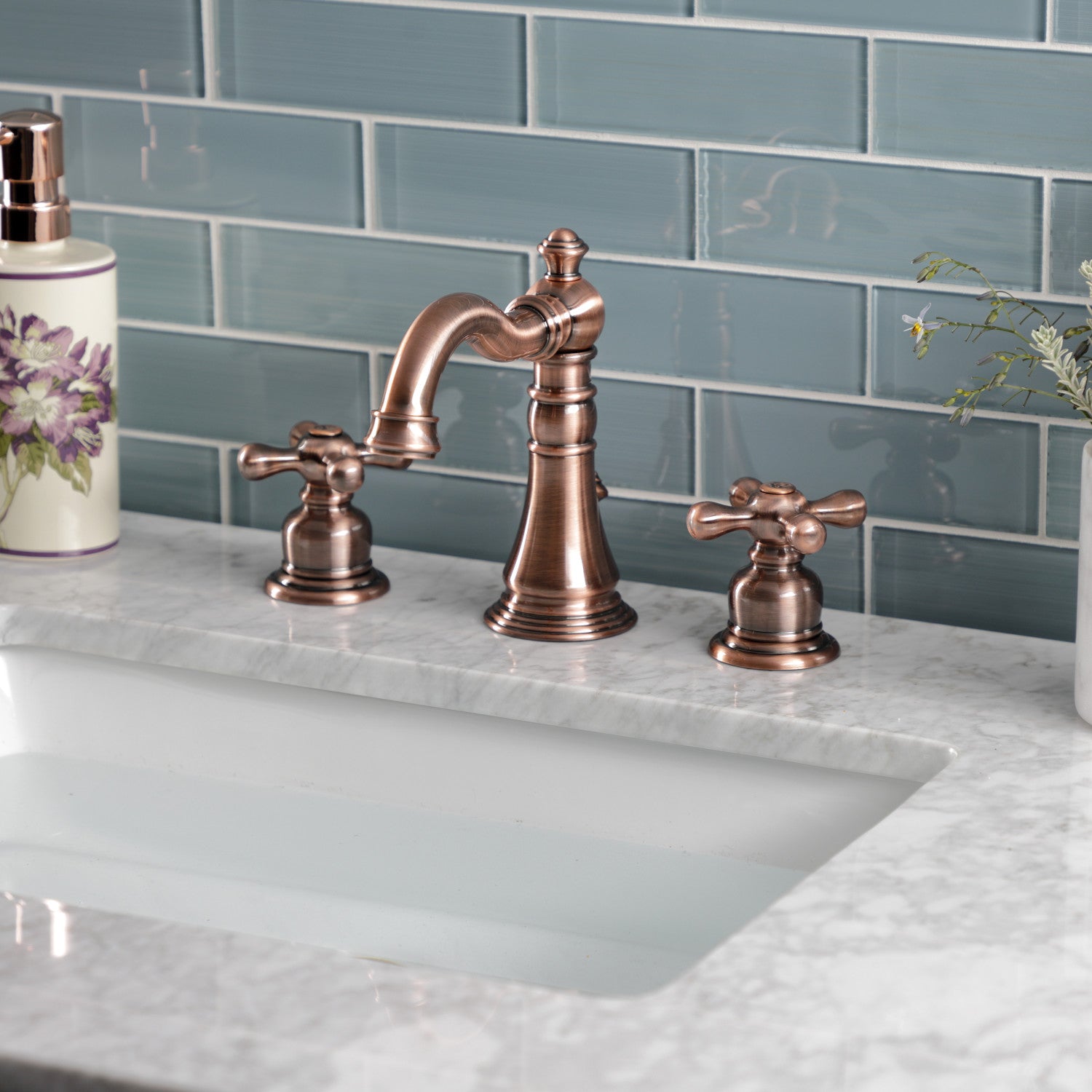 Kingston Heirloom FSC197AXAC - American Classic Two-Handle 3-Hole Deck Mount Widespread Bathroom Faucet with Brass Pop-Up, Antique Copper — thumbnail 2